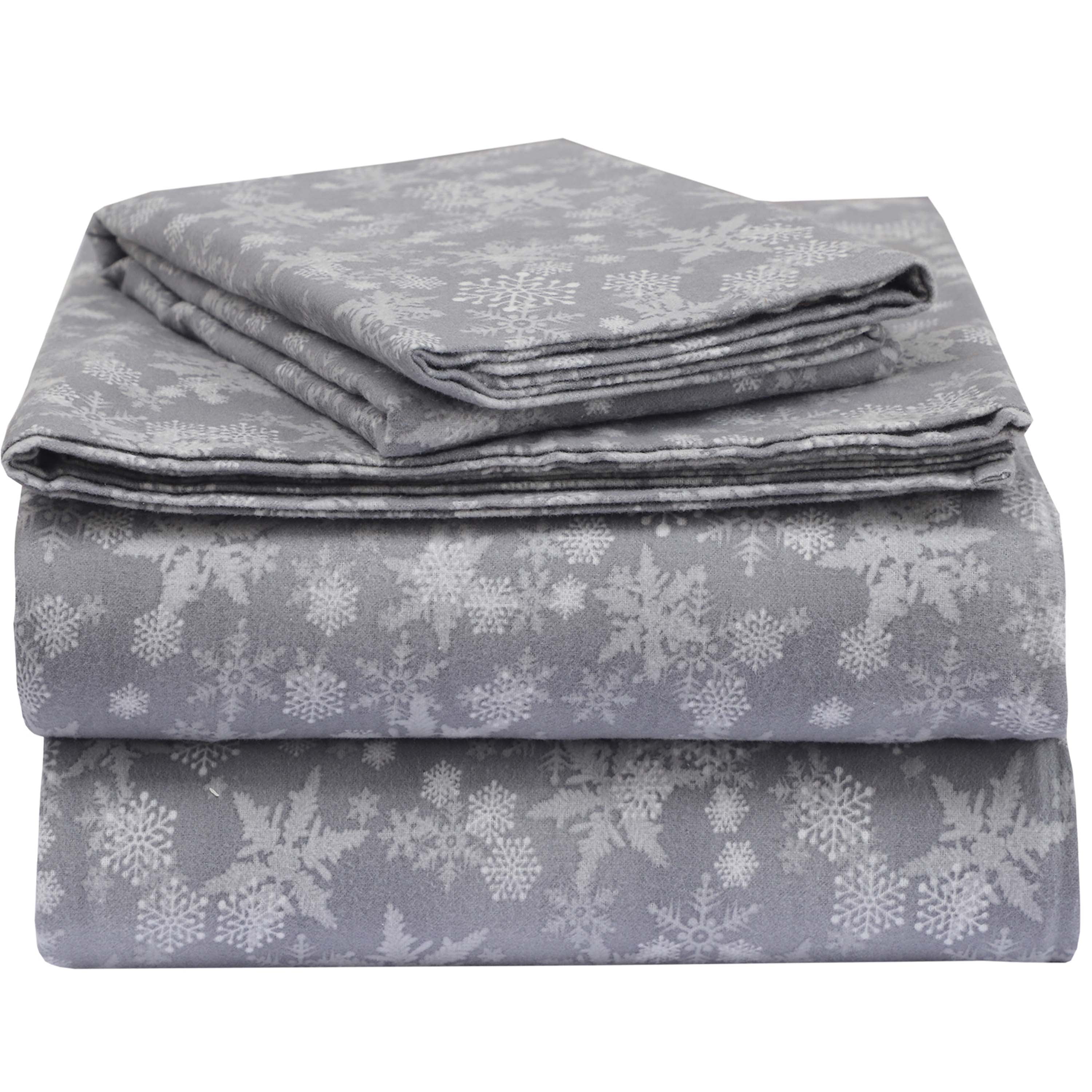 EnvioHome 160 GSM Cotton Flannel Sheet Set Twin XL, Snowflakes Grey