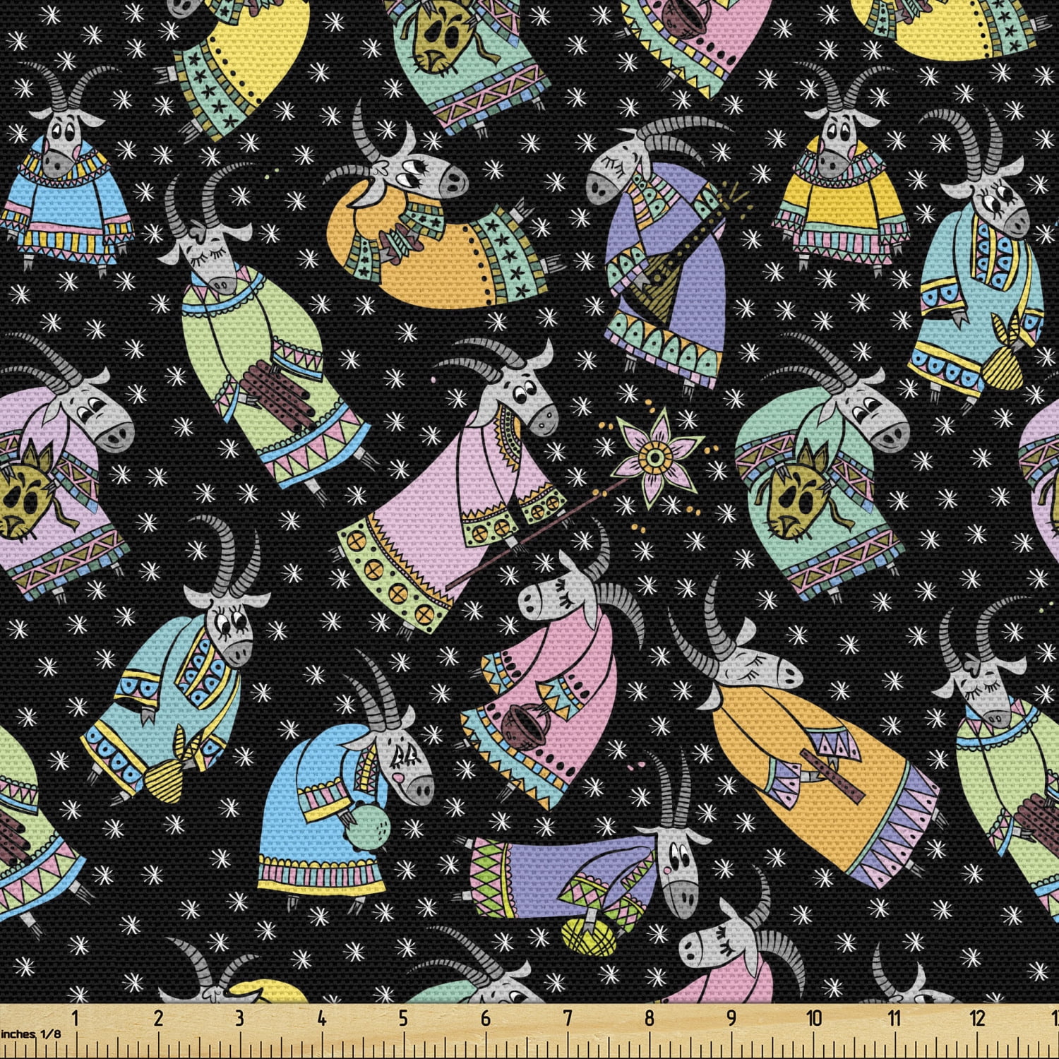 Goat Fabric by the Yard Doodle Goats with Long Horns Wearing Colorful