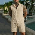 thumbnail image 6 of Men's Linen Sets 2 Piece Outfits Tank Tops Summer Beach Casual Sleeveless Button Down Hippie Shirts Matching Shorts Set Khaki, 6 of 6