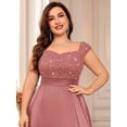 thumbnail image 7 of Dusty Pink Plus Size Sleeveless Sequin Lace Bodice Satin A-Line High Slit Formal Evening Gown, 7 of 7