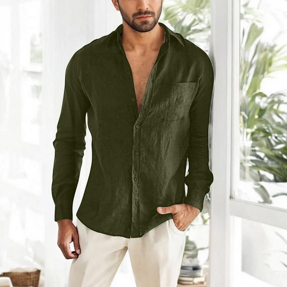 Men's Cotton And Linen Blouse Shirt Casual Button Down Long Roll-Up Sleeve Shirt Summer Beach Hippie T Shirt Army Green XL