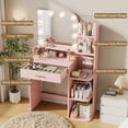 thumbnail image 6 of NEORIVER 32" Makeup Vanity Desk with Mirror and Lights, 3 Lighting Colors, 5 Storage Shelves & Large Drawer, Pink Vanity Set for Bedroom, Girls and Women, 6 of 9