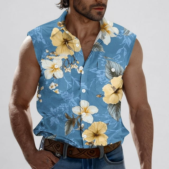 Camiseta sin mangas con cuello vuelto para hombre, estilo informal, a la moda, con estampado, cuello vuelto, sin mangas, bolsillos, deportiva, de poliéster
