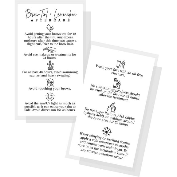 Brow Tint   Lamination Aftercare Cards  50 Pack  Physical Printed 2x3.5 inch Business Card Size  Brow Artist Supplies  Minimalist  White Card Design