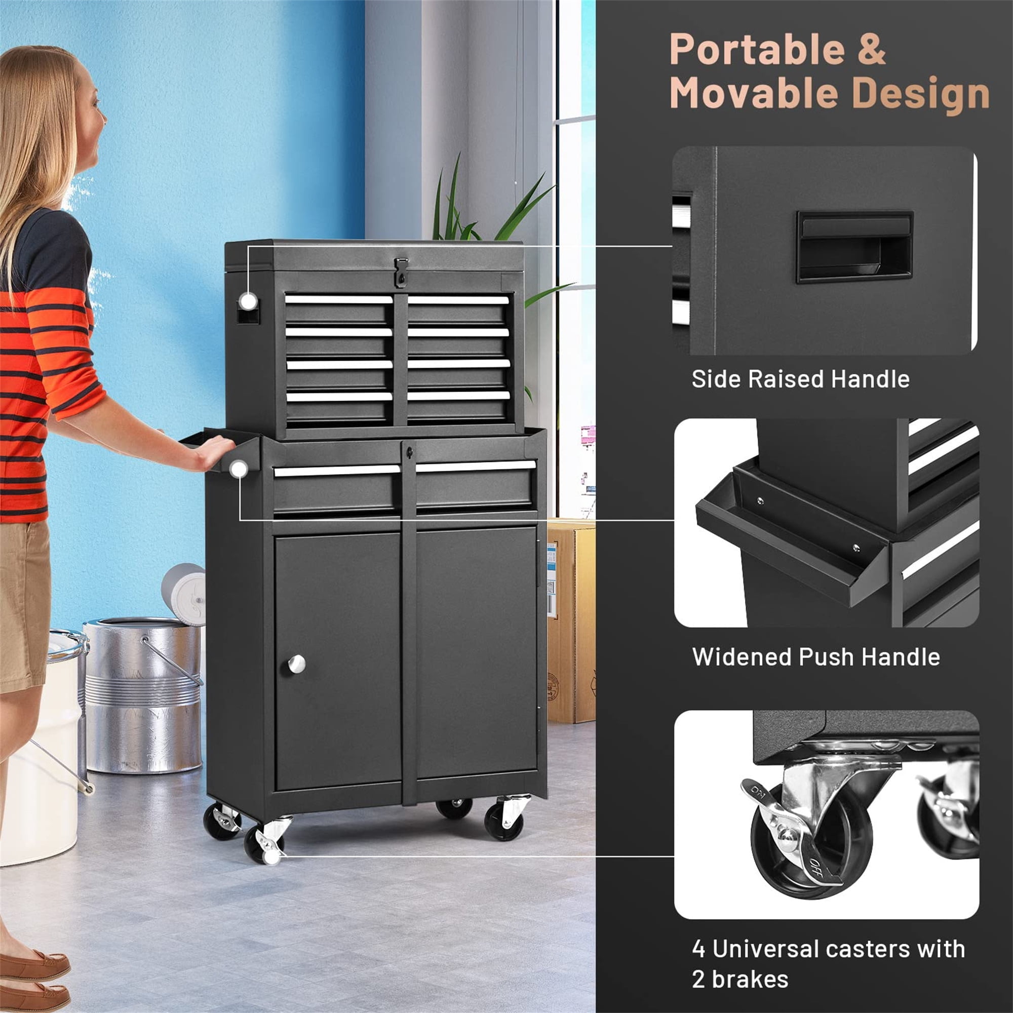 Aukfa Tool Box, 2 in 1 Steel Rolling Tool Chest & Cabinet On Wheels for Garage, 5-drawer, Black