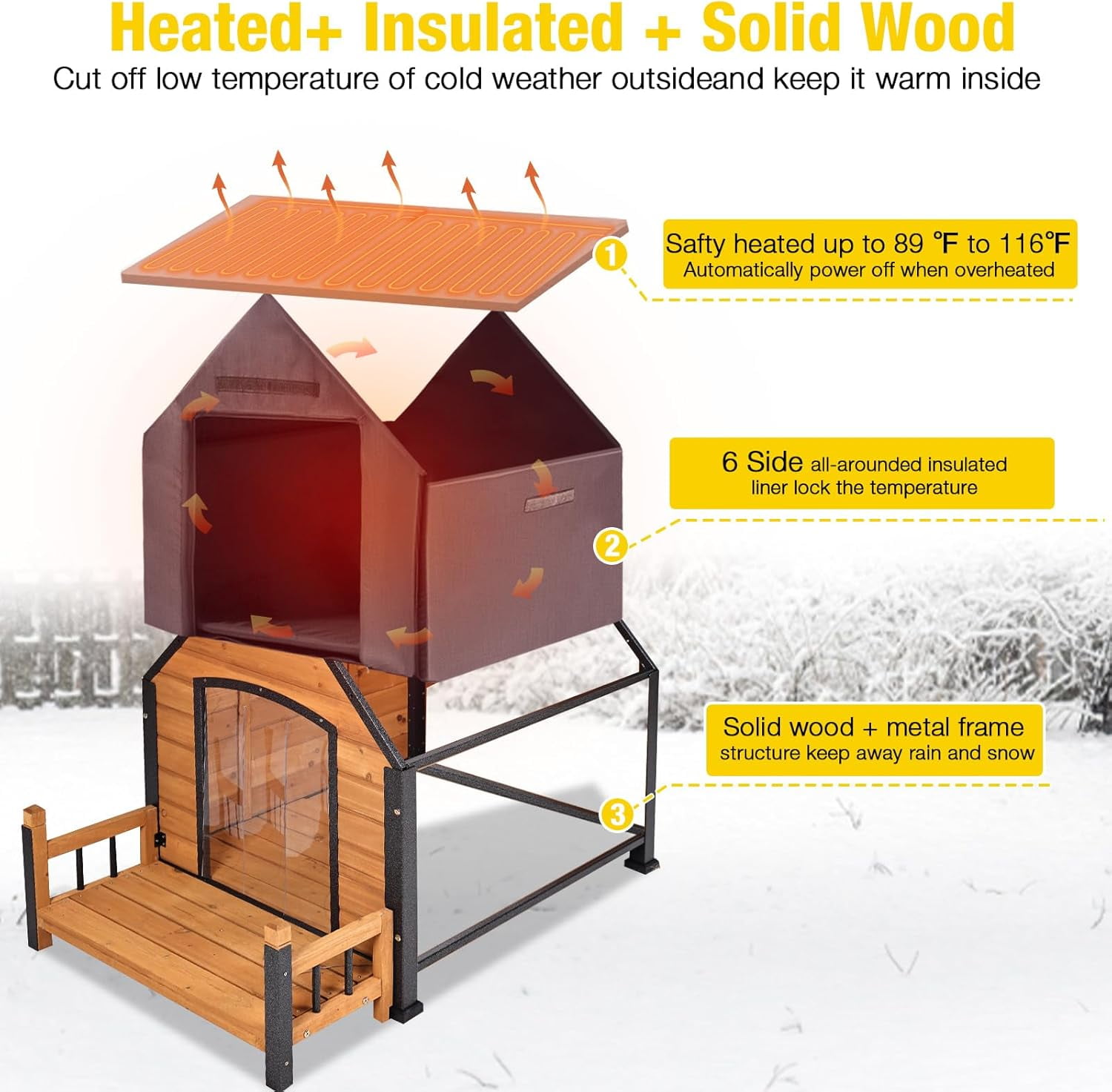 Outdoor Heated Dog House Anti-Bite Weatherproof Dog Kennel Puppy Shelter Indoor with Heating Pad, All-Around Insulated Liner and Porch for Large Breed, 45" D x 32.9" W x 32.6" H (Brown)