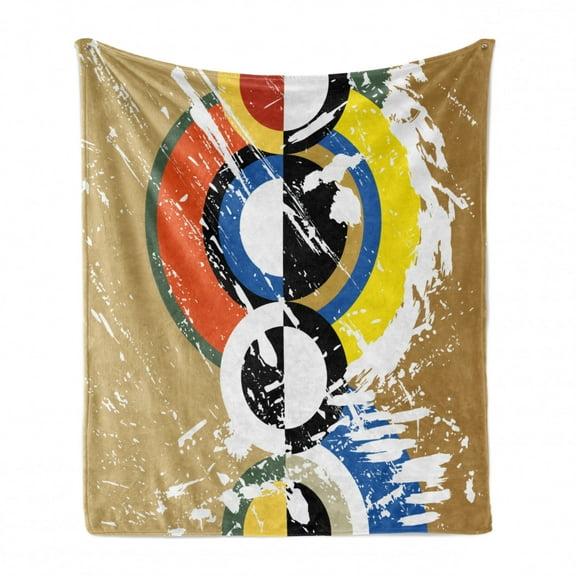 Art Soft Flannel Fleece Throw Blanket, Abstract Geometric Grunge Circles Triangles with Paint Strokes Trippy Design, Cozy Plush for Indoor and Outdoor Use, 60" x 80", Multicolor, by Ambesonne