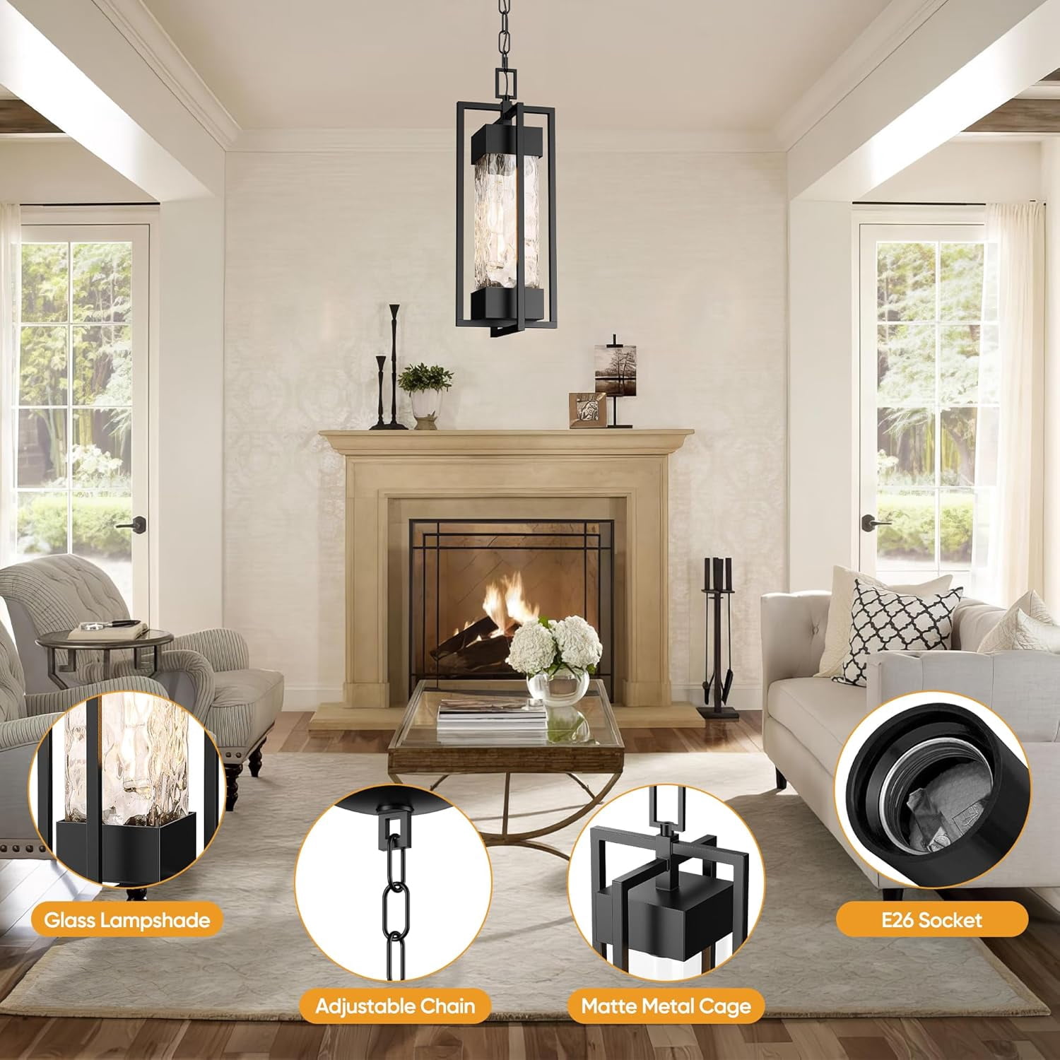 Modern Outdoor Indoor Pendant Light Fixture, Rustproof Chandelier Lighting Exterior with Water Glass for Porch, Garage, Gazebo, Patio (Bulb Included)