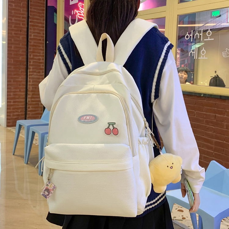 Yosicl Large Capacity College Student Backpack Girl s School Bag High School Student Solid Backpack White