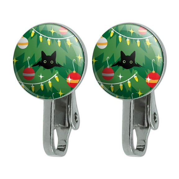 Black Cat Hiding in Christmas Tree Novelty Clip-On Stud Earrings