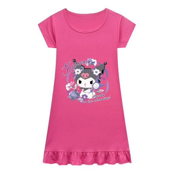 Cartoon Kuromi Girls Sleepwear – Pink Purple Rose Ruffle Hem Nightdress – Lightweight Pajama Dress for Kids and Toddlers