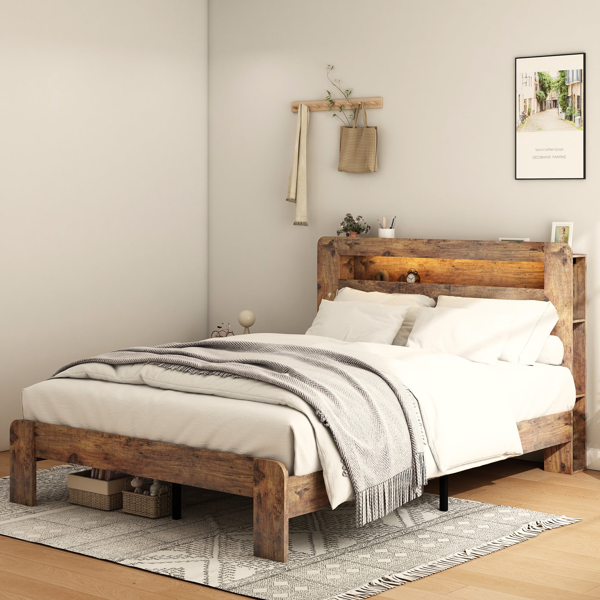 Gewnee King Size Wood Platform Bed Frame with LED Storage Headboard, No Box Spring Needed, Dark Brown