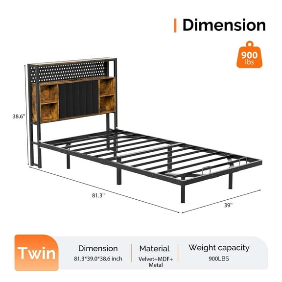Wqmh Floating Bed Frame with LED Lights and Charging Station,Sturdy Metal Platform Bed,Hidden Storage Velvet Upholstered Headboard,No Box Spring Needed,Easy Assembly,Twin-Charred Wood