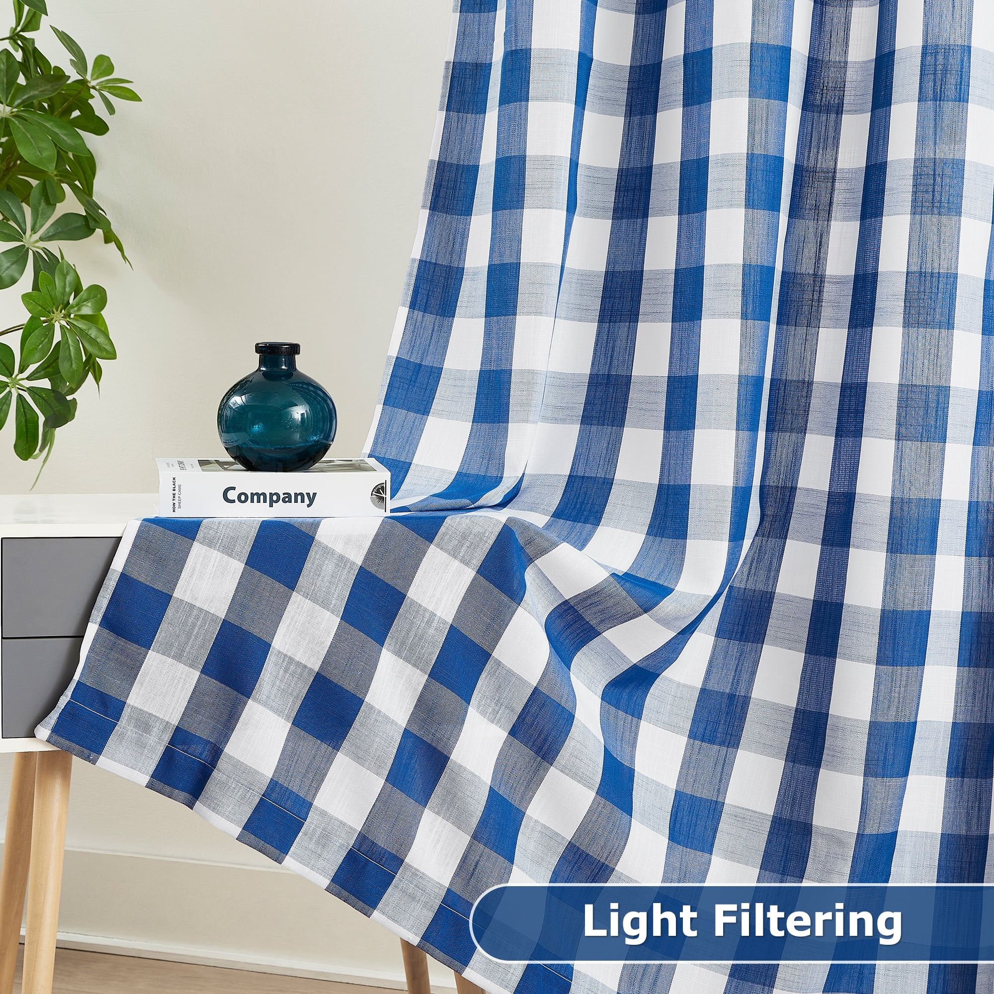 Flowpartex Blue and White Buffalo Check Semi Sheer Curtain Panels Plaid Textured Curtains Drapery, Farmhouse Grommet Window Drapes for Living Room Bedroom, 40"Wx90"L Set of 2