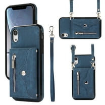 ELEHOLD Crossbody Wallet Case For iPhone XR,with RFID Card Slots Zipper Pocket Kickstand Function Shockproof Purse Case with Detachable Shoulder Strap,Blue