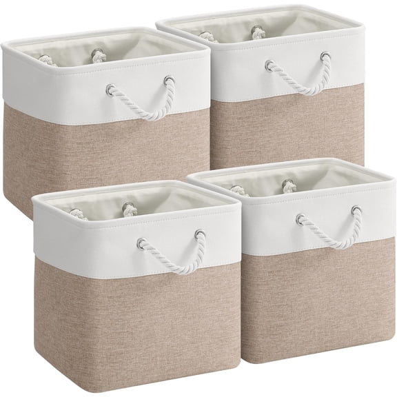 ZYHYPWW 11x11 Foldable Cube Storage Bins 4 Pack, Fabric Organizer with Rope Handles, Square Baskets for Closet, Toys & Clothes, Beige & Off-White
