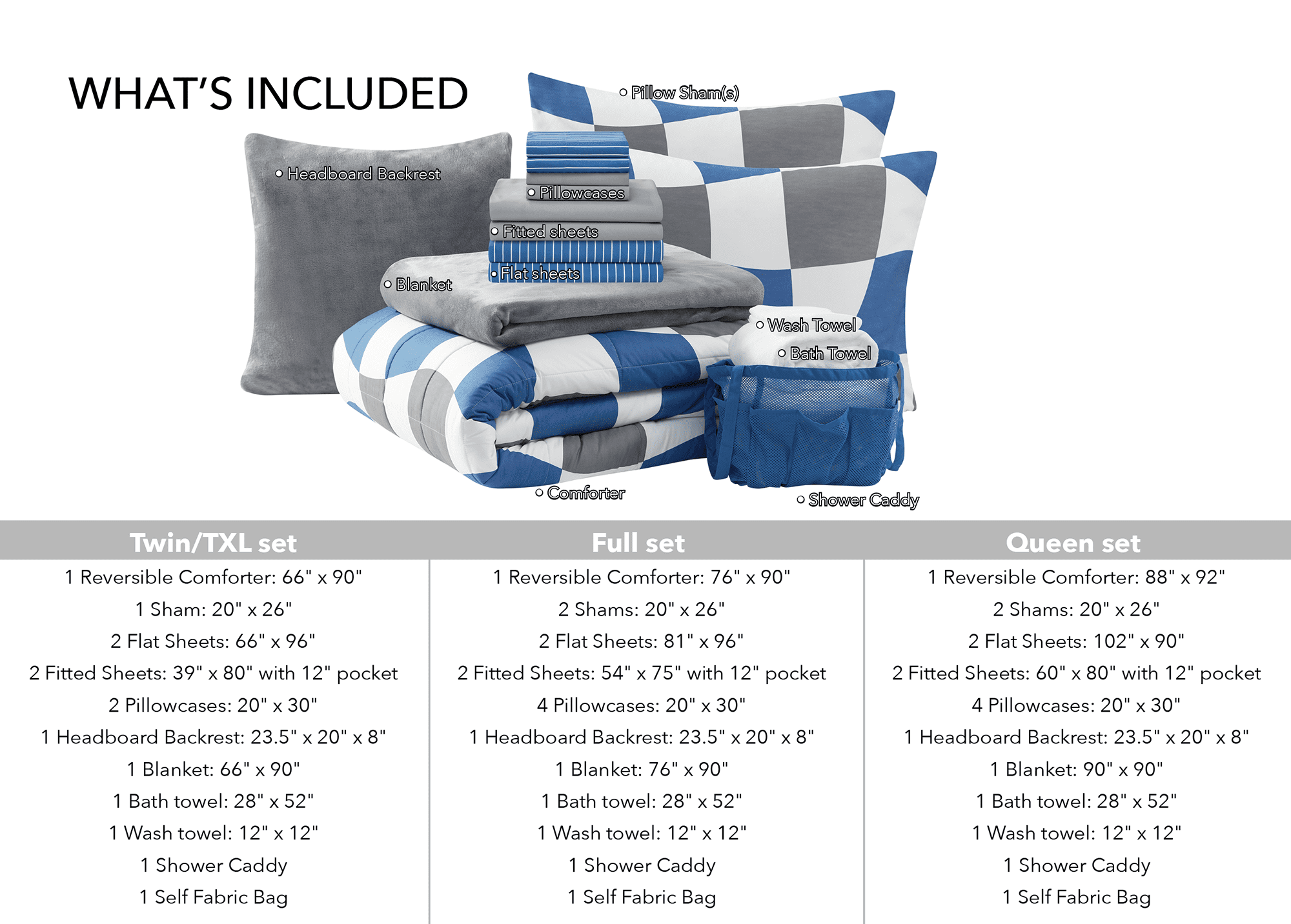 17pc College Dorm Essentials Bundle, Full, Reversible Bed in a Bag Comforter Set, Navy Checker