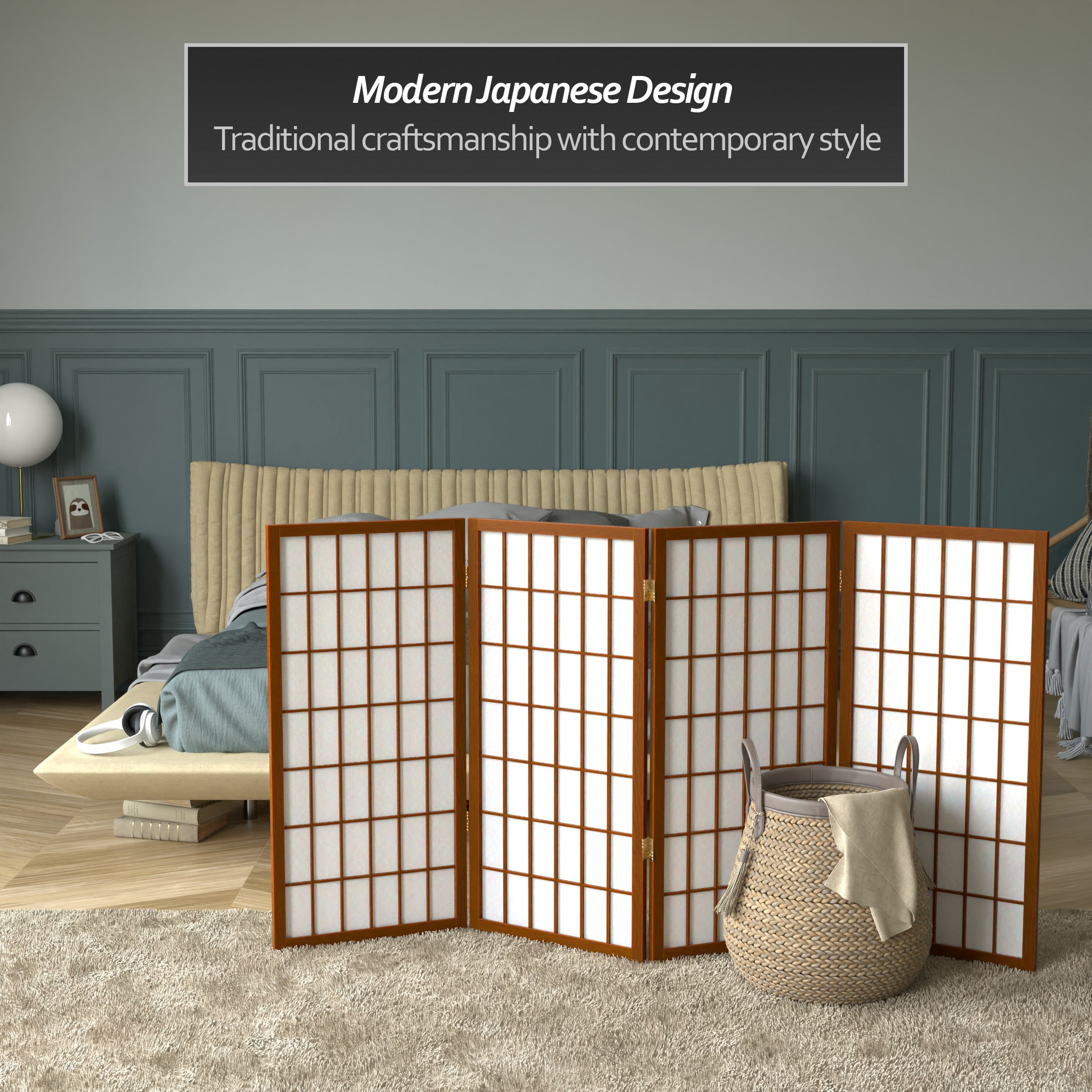 3 ft. Tall Classic Japanese Window Pane Lattice Privacy Screen - Walnut - 4 Panels