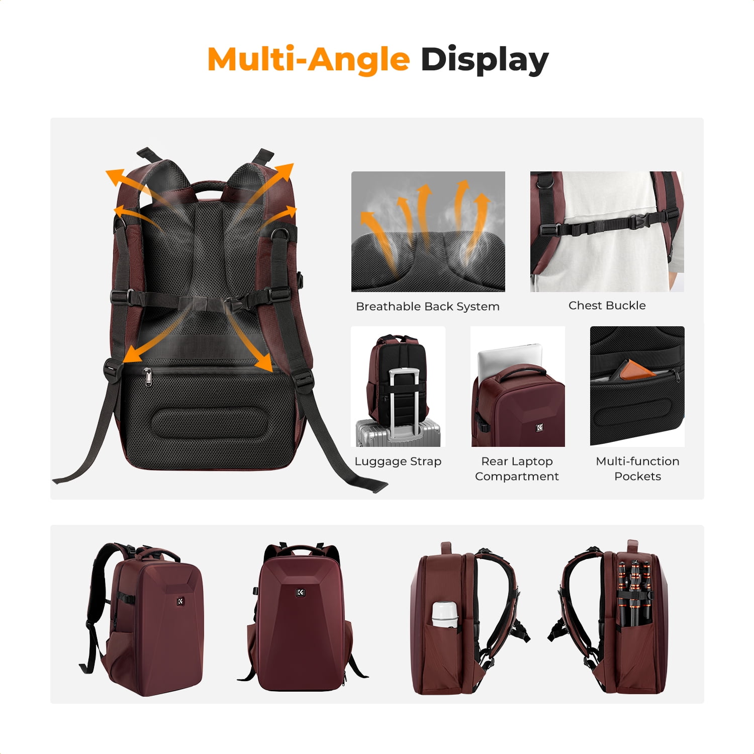 K&F Concept Camera Backpack Hardshell DSLR Photography Camera Bag with 15-15.6 Inch Laptop Compartment Waterproof Camera Case - 22L (Red)