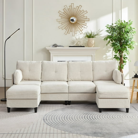 ZAFLY U Shaped Sectional Sofa, 6-Seats Modular Sectionals with Removable Ottoman, Corduroy Couches and Sofas for Living Room, Beige