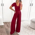 thumbnail image 2 of Riforla Womens Summer Short Sleeve Jumpsuits High Waist Low Cut Casual Scoop Neck Fit and Flare Long Pants Rompers Jumpsuits for Women Red XL, 2 of 9