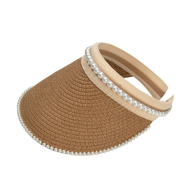 Sombrero de mujer con circunferencia de 55-58 cm, sombrero de verano con perla, sombrero para el sol con parte superior vacía, sombrero para el sol anti-ultravioleta, sombrero para el sol