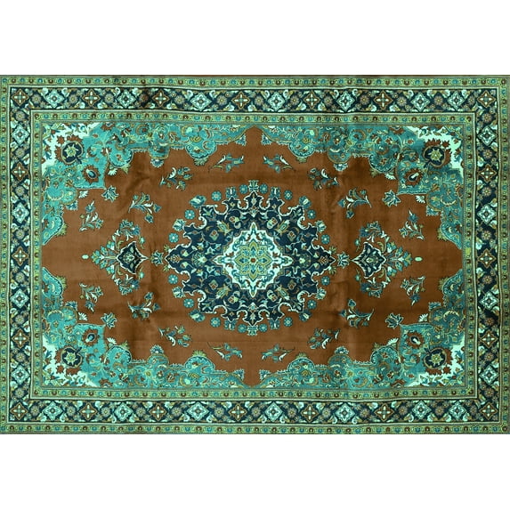 Ahgly Company Machine Washable Indoor Rectangle Medallion Turquoise Blue Traditional Area Rugs, 2' x 3'