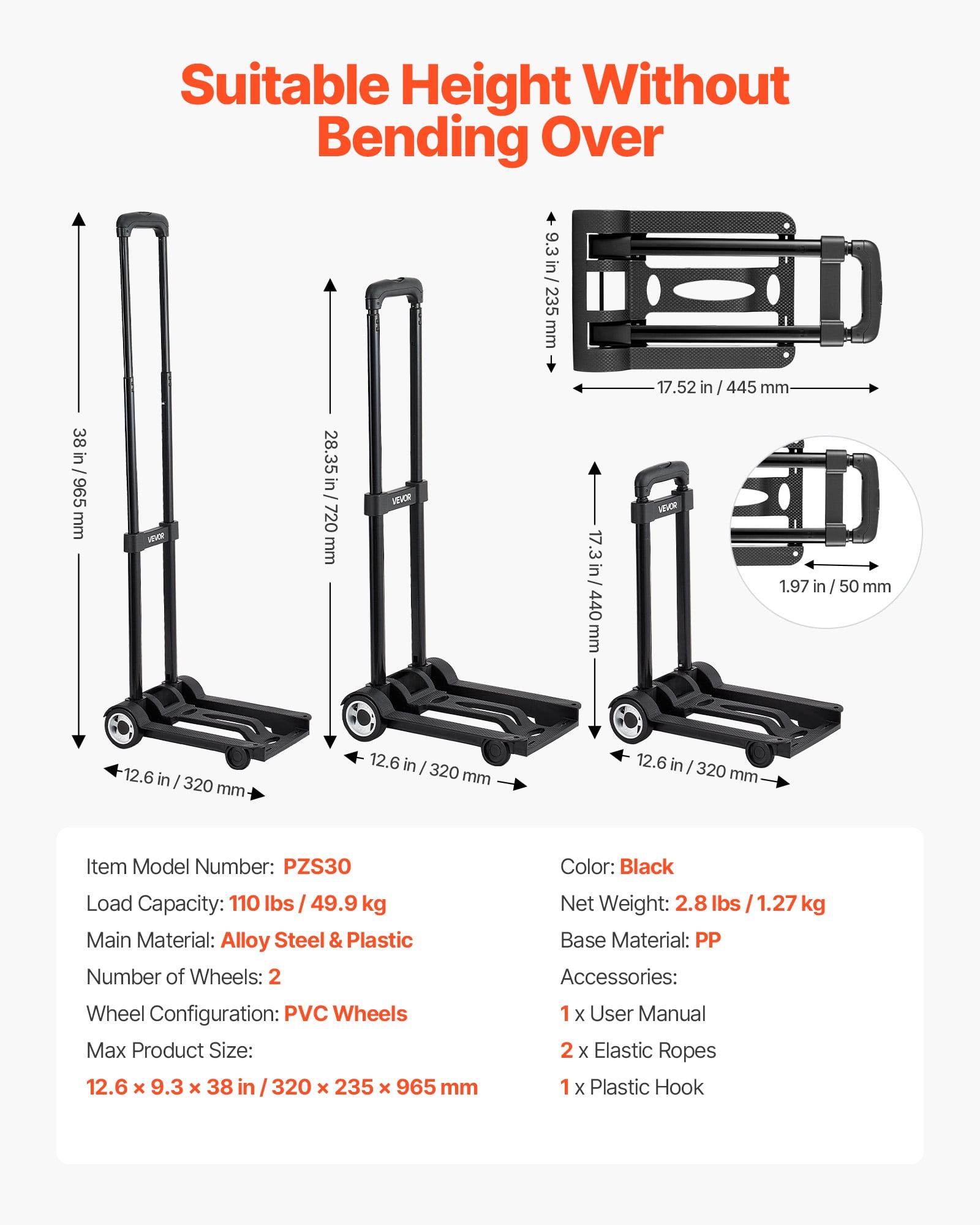 VEVOR Folding Hand Truck, 110 lbs Load Capacity, Collapsible Luggage Cart with 2 Wheels & 1 Elastic Rope, Utility Dolly Platform Cart for Airport Travel Furniture Luggage Office Moving, Black