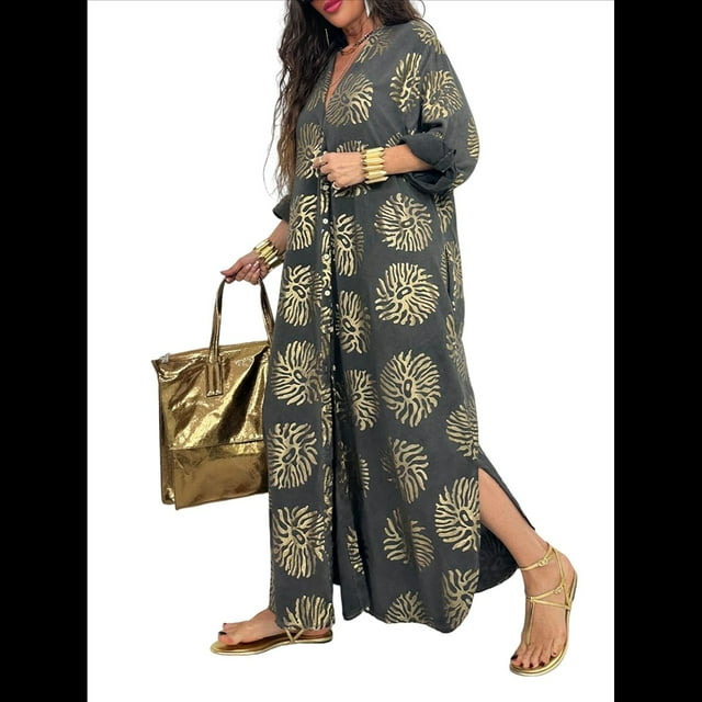 Vestido Bohemio con Estampado Floral para Mujer, Escote en V Profundo, Abertura Lateral, Corta, Corte A, Holgado Negro L