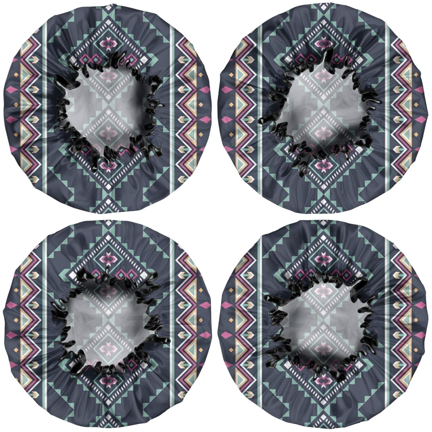 Shower Caps,Black Geometric Striped Pattern Waterproof Shower Cap for Women 4 Pieces,Double Reusable Hair Cover for Shower PEVA Elastic Stretch Hem
