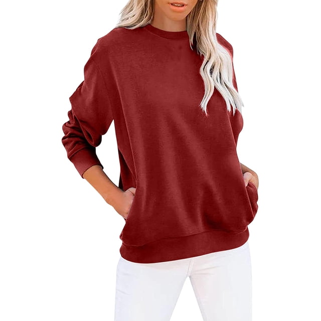 MSJUHEG Hauts pour Femmes Chandail en Molleton Surdimensionné pour Femmes Col Rond Chandail en Molleton Couleur Unie Manches Longues Pull Décontracté Mignon Léger Ample Chandail en Molleton pour Femmes Rouge TG