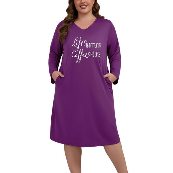 PinkBeautiM Long Sleeve Nightgowns for Women Plus Size Sleepshirt Soft Loungewear with Pockets