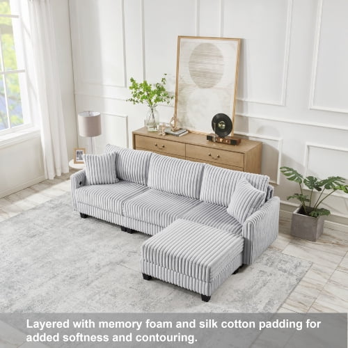 Howcool Cloud Couch Modular Sectional Sofa 3 Seat 100" L Shaped Convertible Couch Corduroy Thick Cushion with Ottoman, Removable & Washable Cover for Living Room，Grey