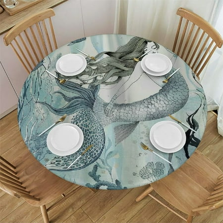 

Palnkart Mermaid Sea Creatures Seaweed Round Table Cover Stain Resistant Washable Indoor Outdoor Tablecloth Kitchen Dining Wedding Parties 100% Polyester Fiber 38-42