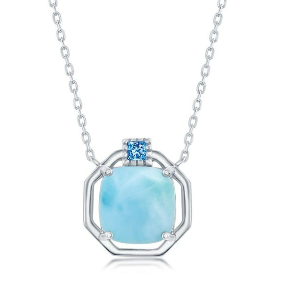 Princess Cushion-Cut Natural Larimar Gemstone with Simulated Diamond CZ Hexagon-Shaped Pendant 16 2” Necklace Sterling Silver Jewelry for Women or Teens