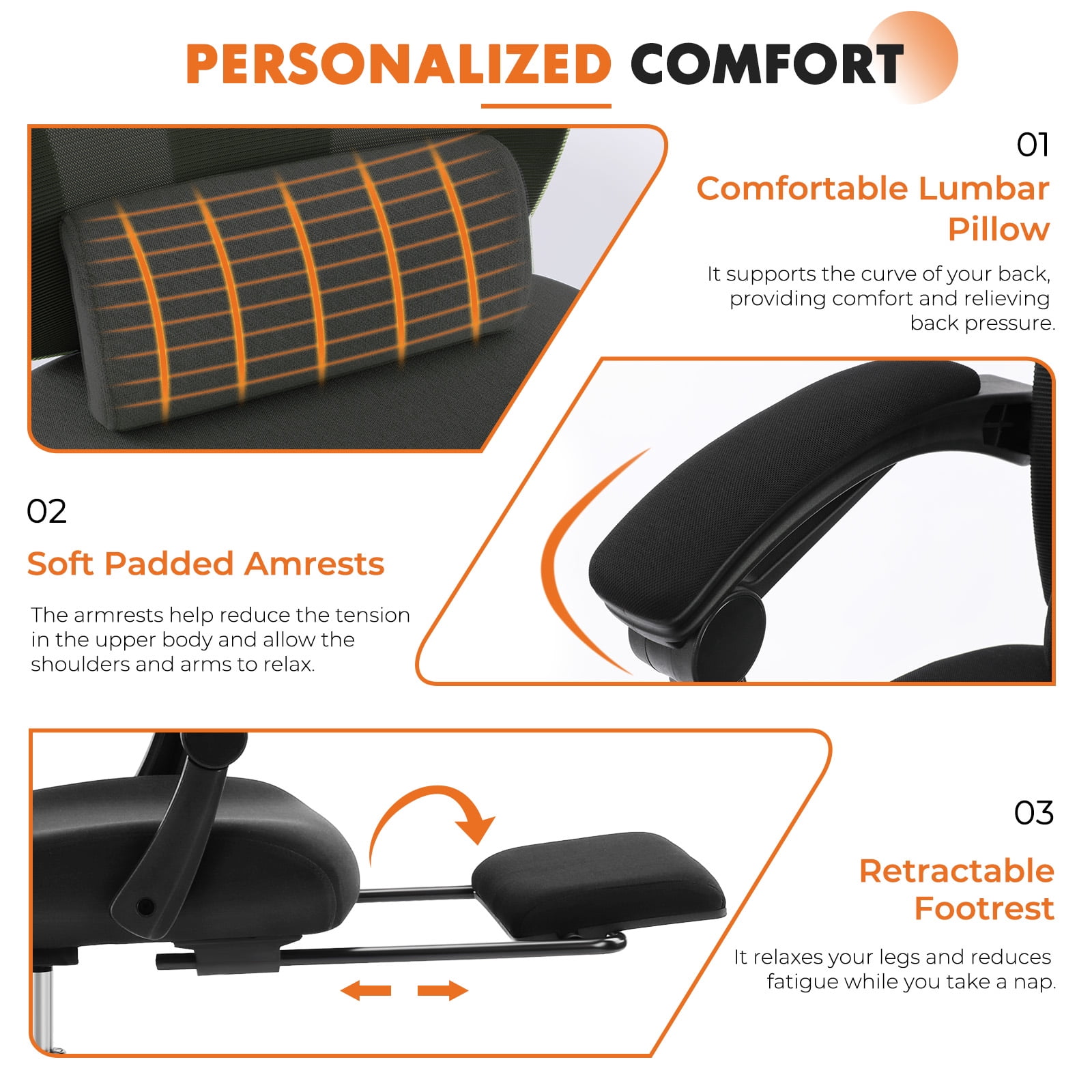 CONCETTA Ergonomic Mesh Office Chair, High Back Swivel Chairs with Adjustable Lumbar Support, Headrest, Footrest, and Armrests, Black