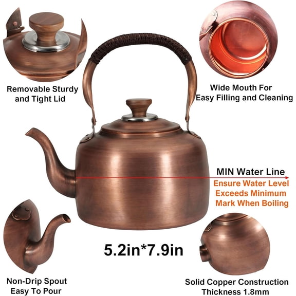 Copper Tea Kettle for Stove Top Whistling, Vintage Copper Tea Pot Fast Boiling Tea Kettle for All Stoves