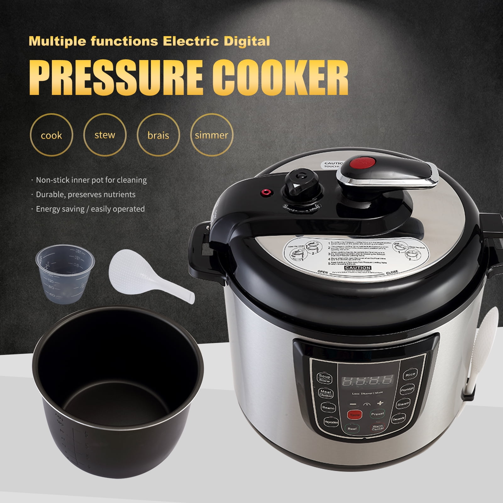1000W 6QT Electric Digital Multifunction Pressure Cooker Stainless