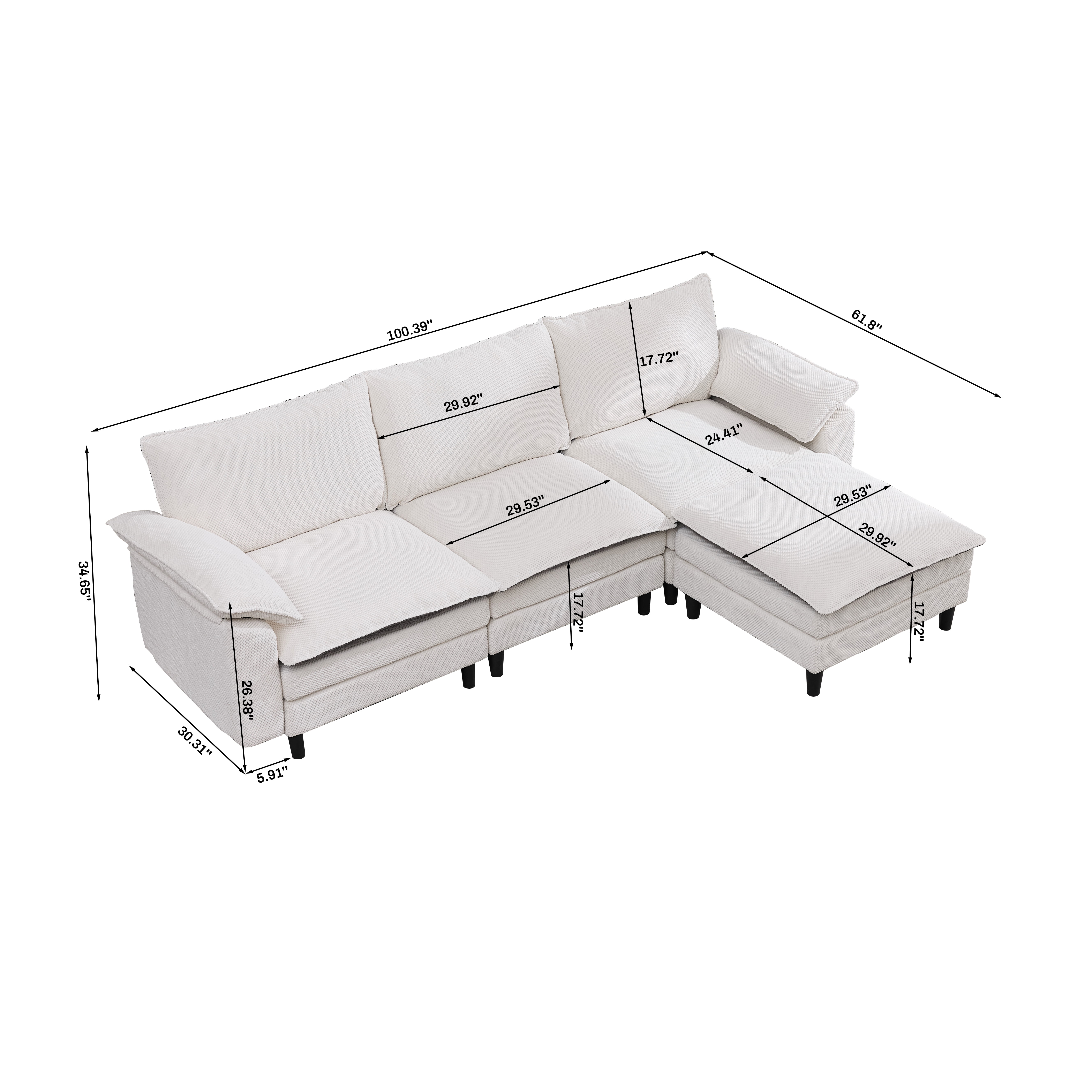 GARITIN L Shaped Modular Cloud Sofa 100 Inch, Chenille Sectional Couch with Ottoman and Deep Seat for Living Room Apartment, Black and White