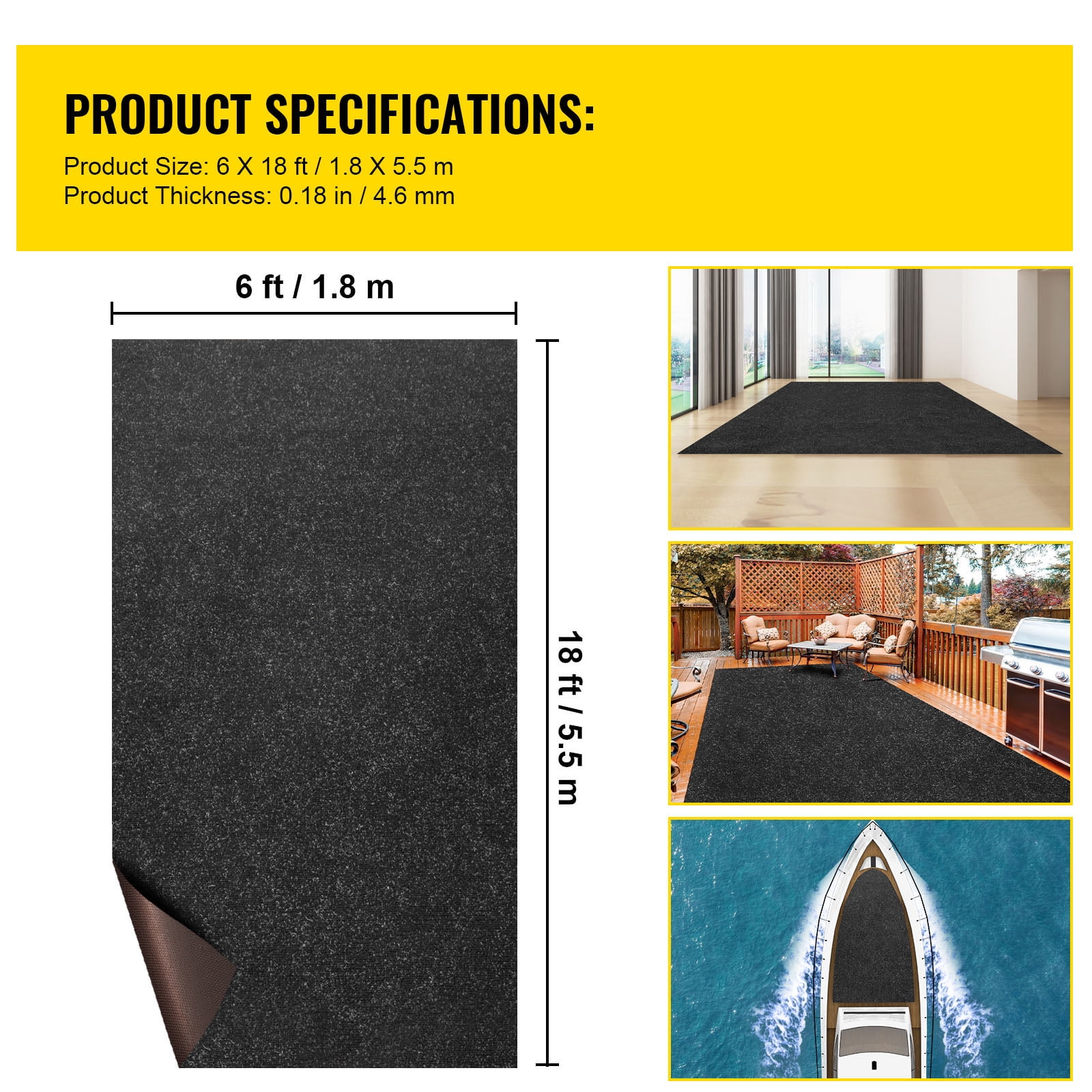 KFFKFF 6 ft x 18 ft Charcoal Black Marine Carpet Marine Carpeting Marine Grade Carpet for Boats with Waterproof Back Outdoor Rug for Patio Porch Deck Garage Rug Runner Non-Slide Porch Rug