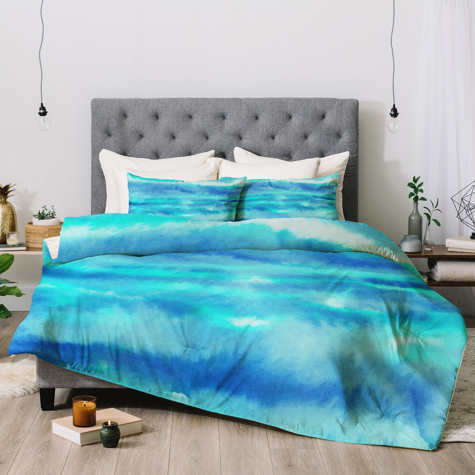 Twin Deny Designs Jacqueline Moldonado Ombre Waves Blue Green Duvet Set with Pillow Sham 