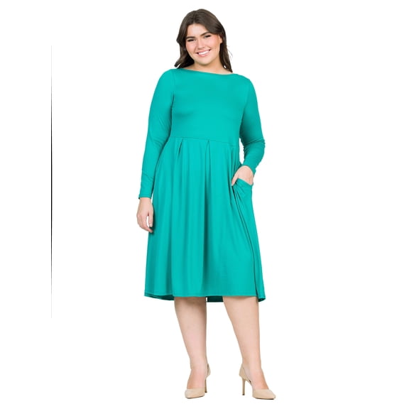 Plus Size Long Sleeve Pleated Fit N Flare Midi Dress