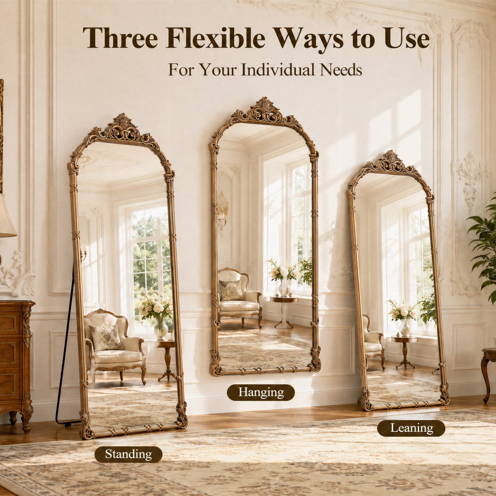Easy4Home 71"x32" Arched Full-Length Floor Mirror Baroque Scroll Carved Standing Mirror, Bright Gold