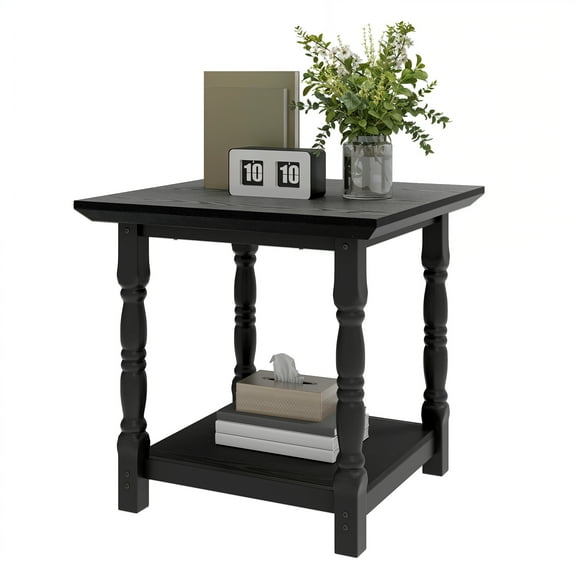 Craftian 23.6" Classic Square Side Table with Open Shelves, 2-Tier End Table for Living Room, Black