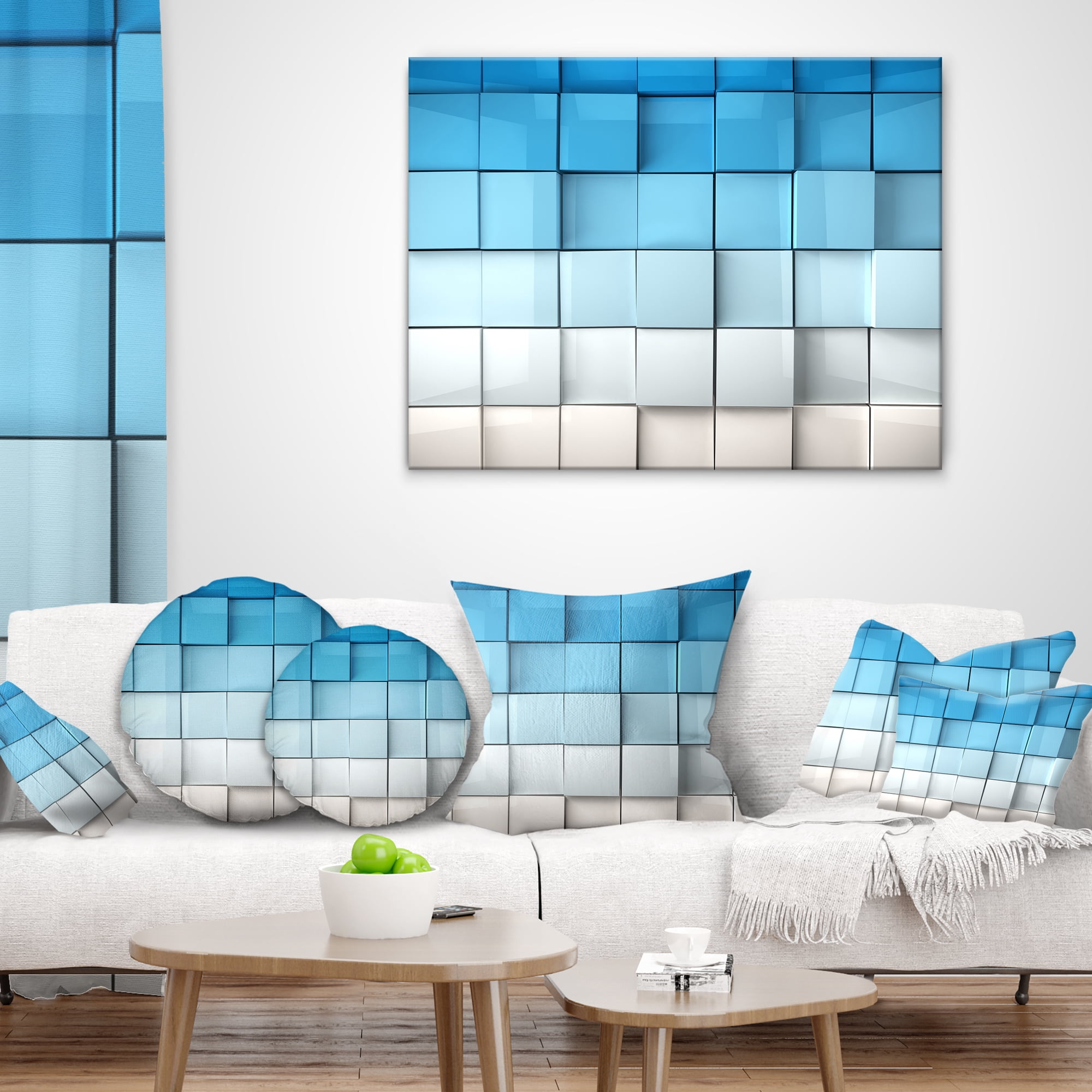 Designart Blue and White Mosaic Cubes - Contemporary Throw Pillow - 12x20