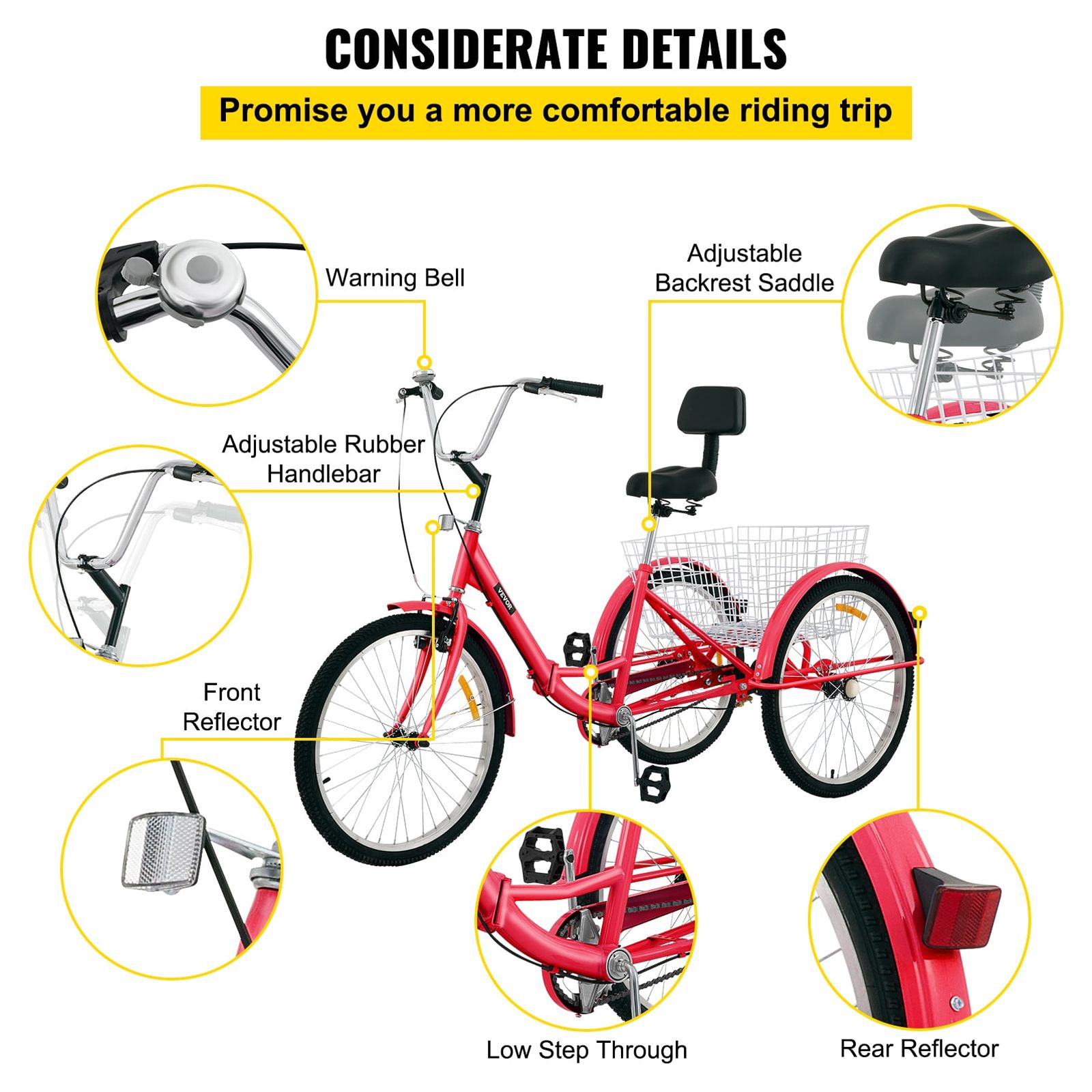 VEVOR Foldable Tricycle 24 inch Wheels,1-Speed Red Trike, 3 Wheels Colorful Bike with Basket, Portable and Foldable Bicycle for Adults Exercise Shopping Picnic Outdoor Activities - image 5 of 9