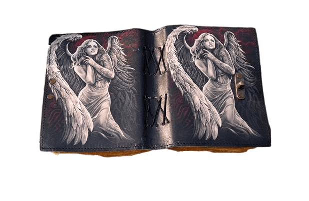 Handmade Leather Journal with Angel Artwork – 5x7 Inch Vintage Deckle Paper Notebook, 200 Pages