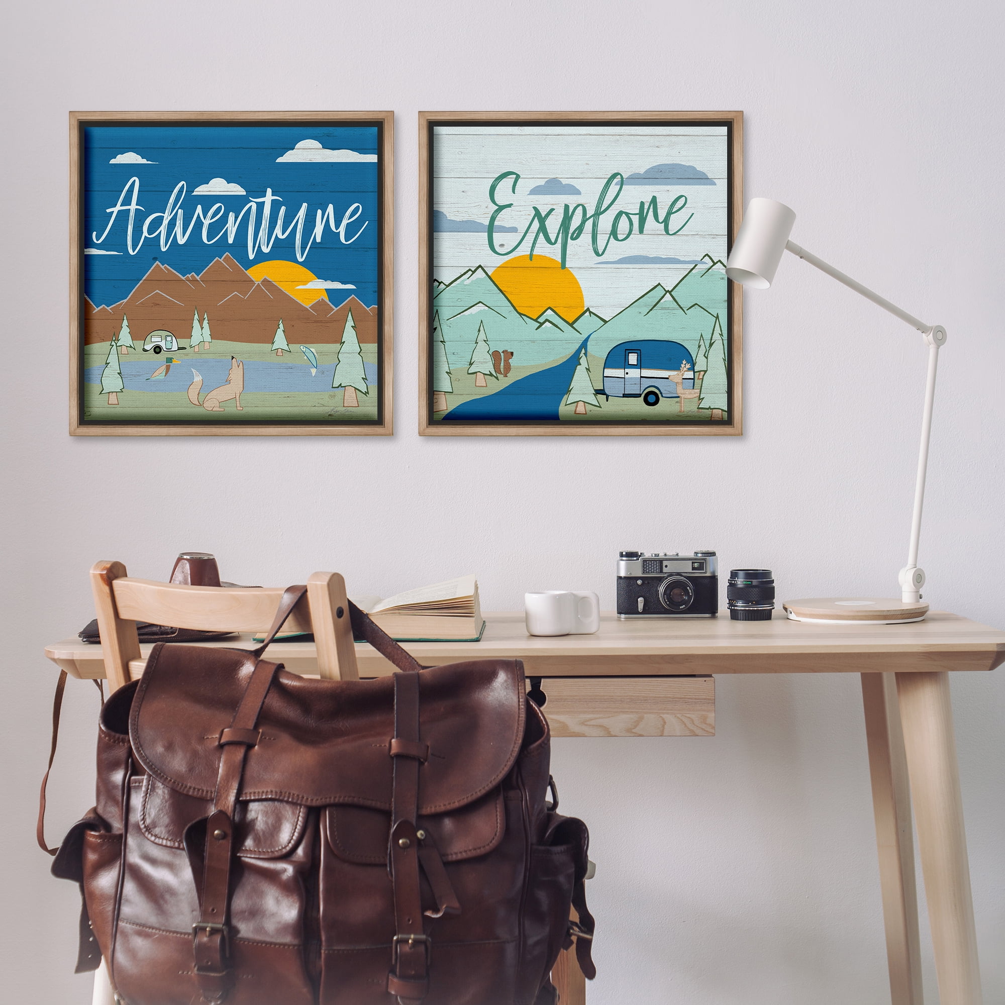 Stupell Industries Adventure Explore Camping Landscape & Nature Painting Brown Floater Framed Canvas Art Print Wall Art, 25 x 25, Set of 2