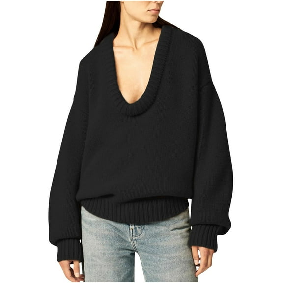 Olyvenn Women's Oversized Scoop Neck Pullover Sweater Long Sleeve Knitted Sweater Chunky Trendy Fall Winter Sweater Tops Black M