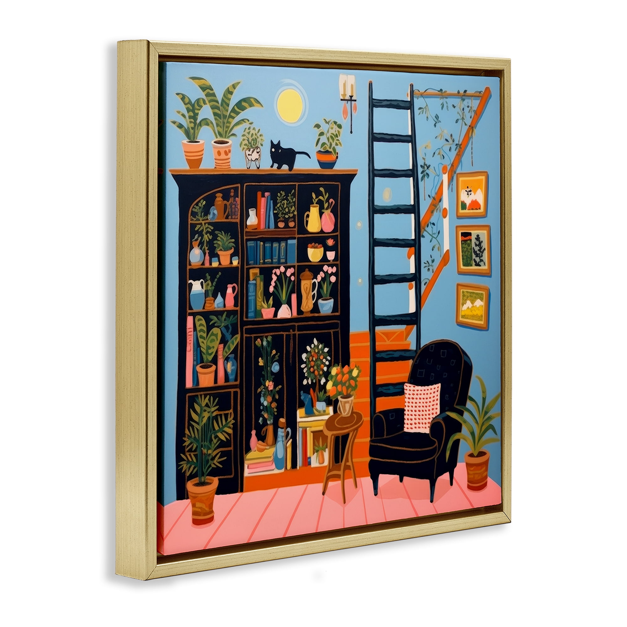 Stupell Industries Eclectic Fun Bookshelf Furniture Painting Gold Floater Framed Canvas Art Print Wall Art, 18 x 18